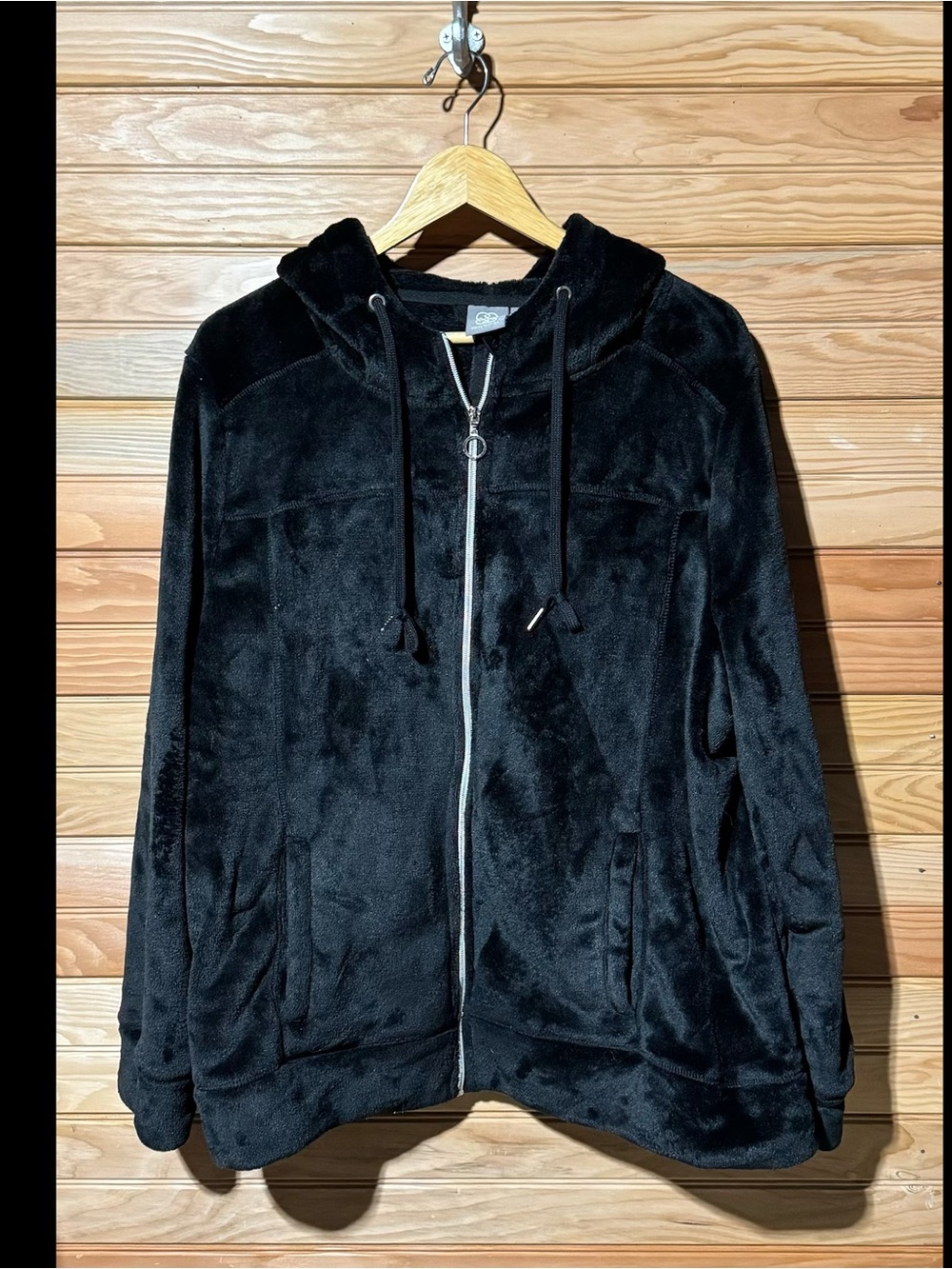 Daisy Fuentes Black Plush Hooded Zip Jacket